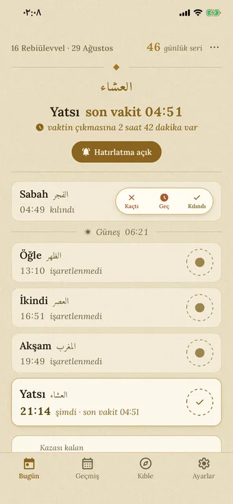 Simple Prayer'ın aydınlık kâğıt temasındaki Bugün ekranı: hicri ve miladi tarih, günlük seri, sıradaki vakte canlı geri sayım ve beş namaz satırı — Sabah'ın mührü üç seçeneğine açılmış hâlde.