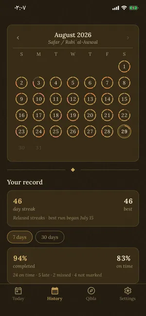 The Today screen in the dark theme: the same layout on deep warm parchment with lit gold accents.