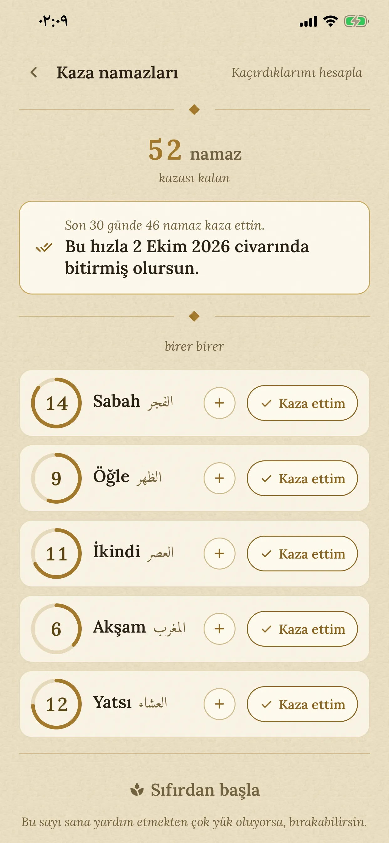 Kaza ekranı: azalan vakit başına sayaçlar, son hız ve öngörülen bitiş tarihi.